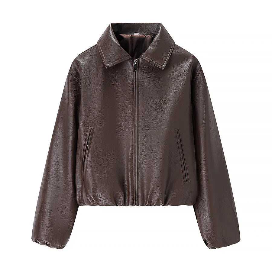 Damen nan cropped Glanz-Kunstlederjacke im Bomberstil mit Hemdkragen und elastischem Saum Drune