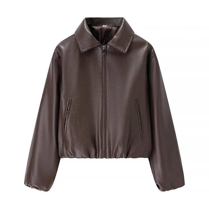 Damen nan cropped Glanz-Kunstlederjacke im Bomberstil mit Hemdkragen und elastischem Saum Drune