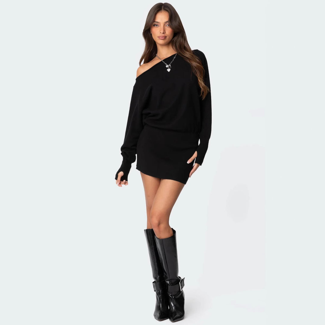 Damen lässiges Strickkleid mit asymmetrischem Ausschnitt und tailliertem Bund Drune