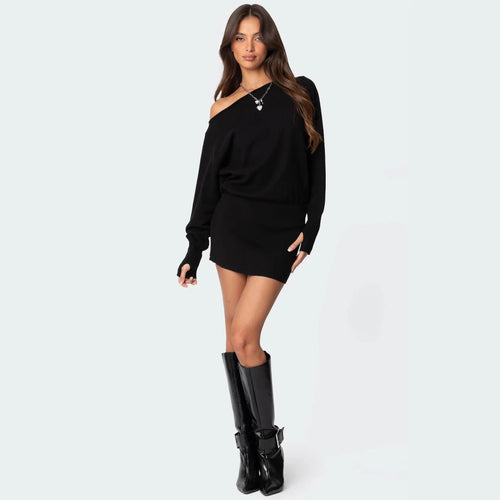Damen lässiges Strickkleid mit asymmetrischem Ausschnitt und tailliertem Bund Drune