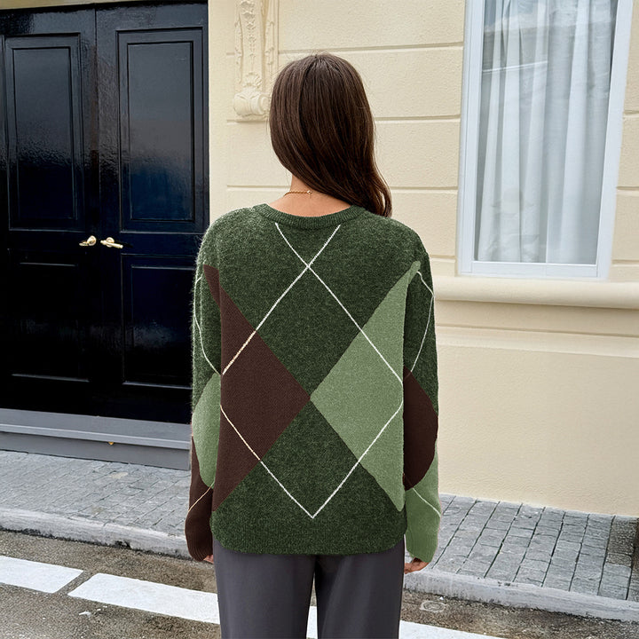 Damen nan oversized Argyle-Strickpullover mit kastigem Schnitt und geripptem Rundhalsausschnitt Drune