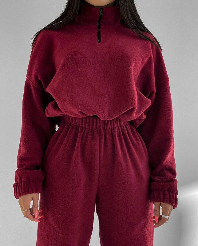 Damen Relax-Fleece-Set mit Stehkragen-Halbzip und geraffter High-Waist-Hose Drune