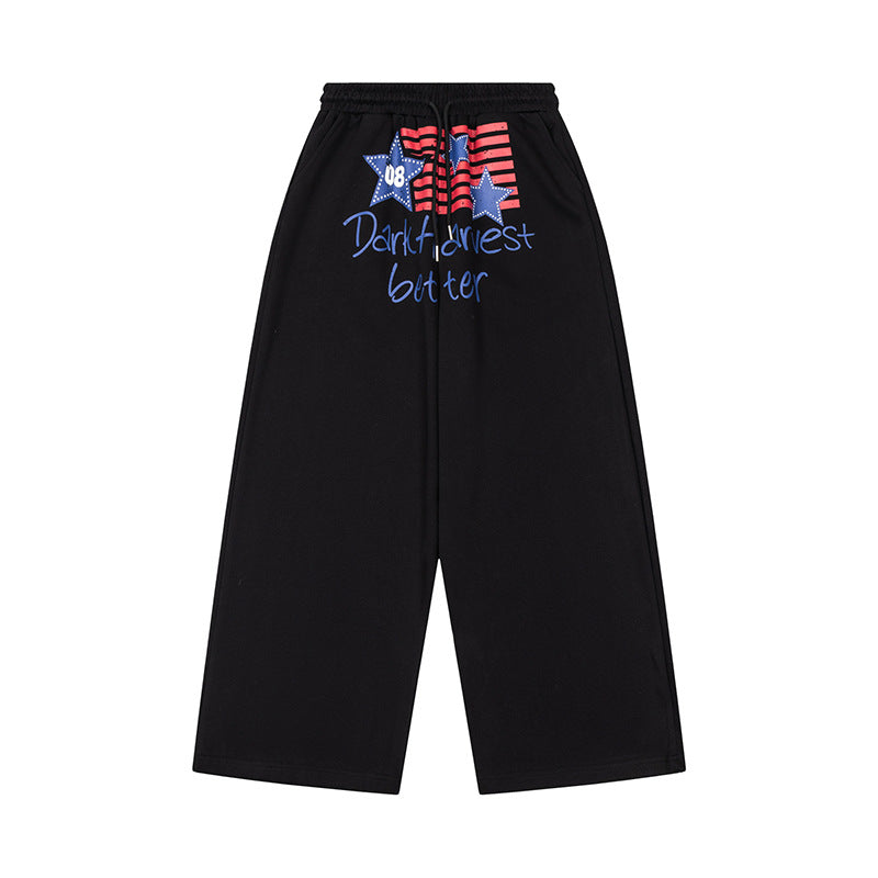Damen Weite Culotte-Loungehose mit hohem Komfortbund, Kordelzug und Stern-Flaggen-Print Drune