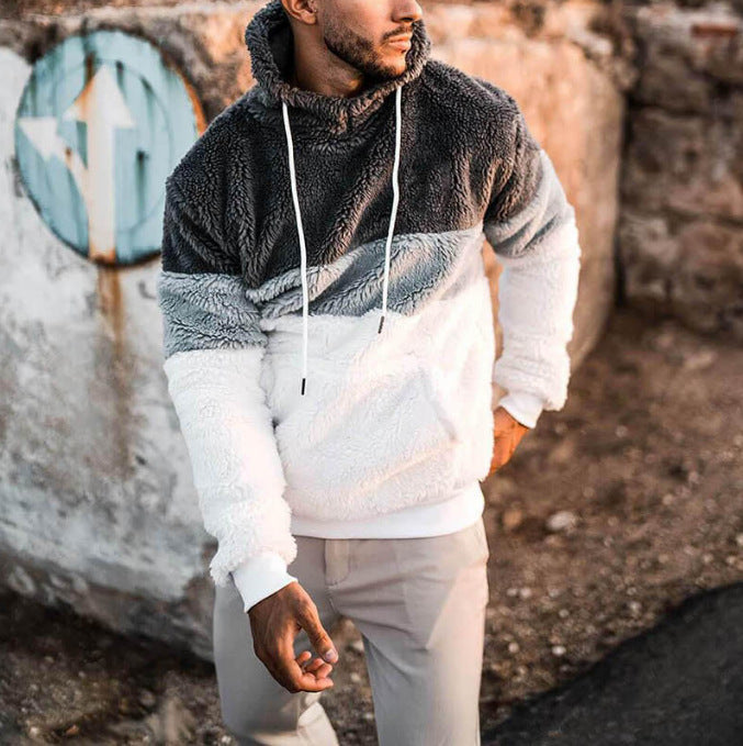 Herren Farbblock-Teddy-Fleece Kapuzenpullover mit Kängurutasche und Tunnelzug Drune