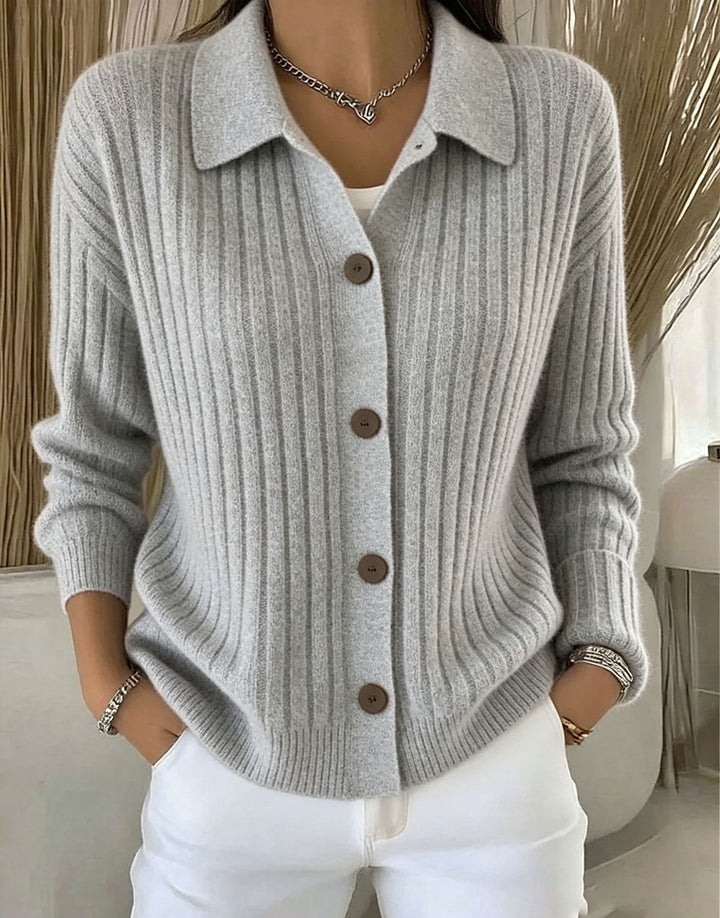 Damen Feiner gerippter Knopf‑Cardigan mit Hemdkragen und kastiger Silhouette Drune