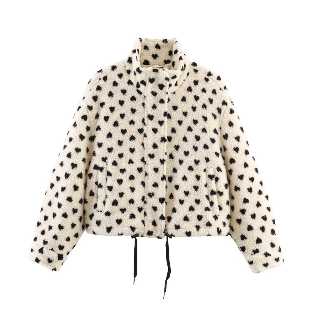 Damen Gefütterte Teddyjacke mit Herzchen-Allover, Stehkragen und Tunnelzug Drune