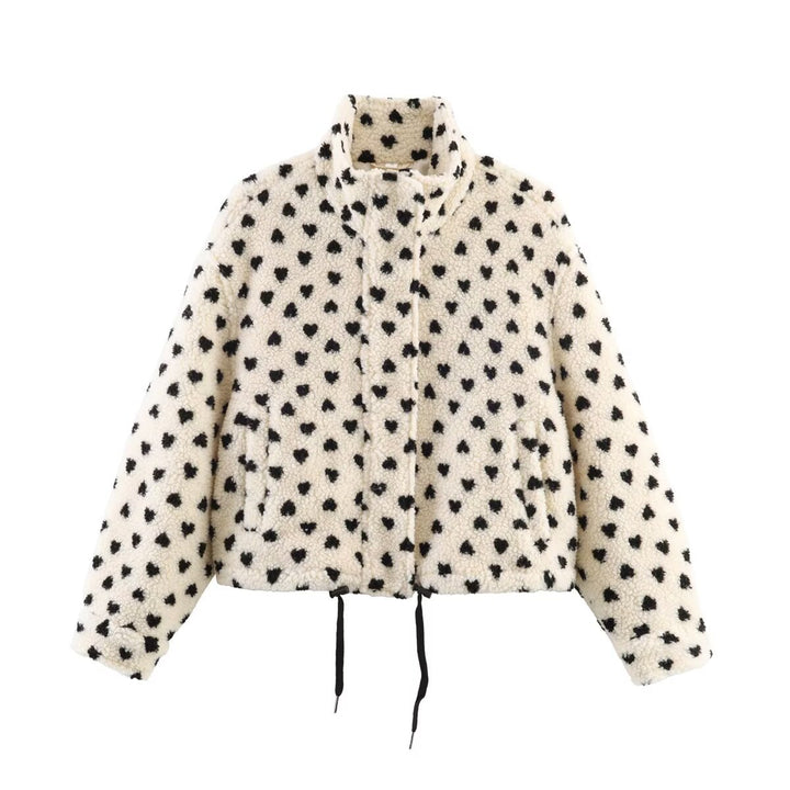 Damen Gefütterte Teddyjacke mit Herzchen-Allover, Stehkragen und Tunnelzug Drune