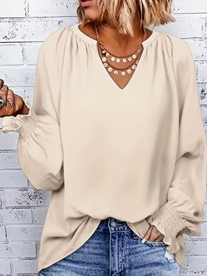 Damen Elegantes V-Ausschnitt Bluse mit Puffärmeln Drune