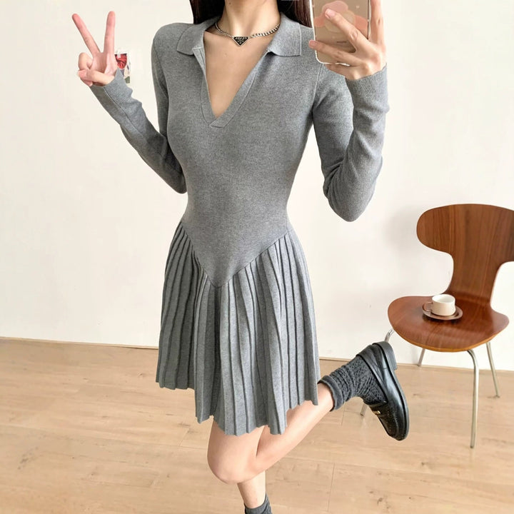 Damen langärmliges Plisseekleid Drune