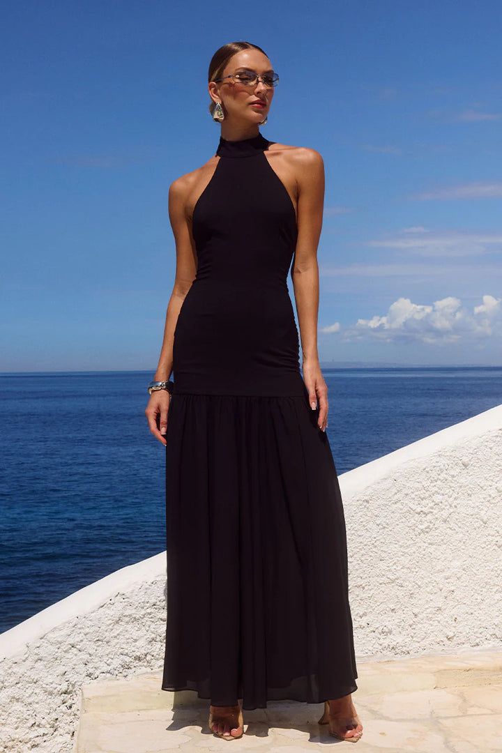 Damen Maxikleid mit hochgeschlossenem Design und fließendem Rock Drune