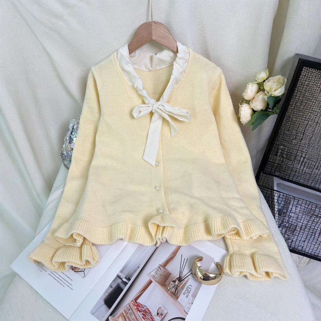 Damen elegante Strickjacke mit Rüschen und Schleifenkragen Drune