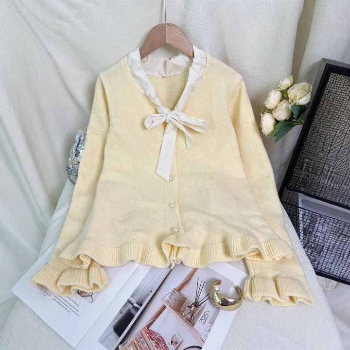 Damen elegante Strickjacke mit Rüschen und Schleifenkragen Drune