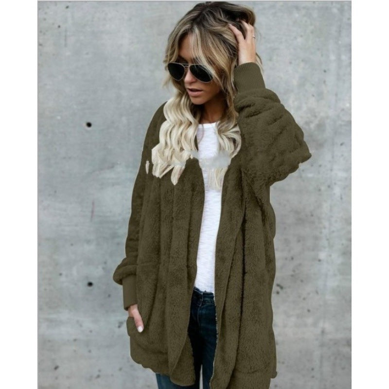 Damen Kuschelige Teddy‑Fleece‑Cardigan mit Kapuze, Oversize‑Schnitt und aufgesetzten Taschen Drune