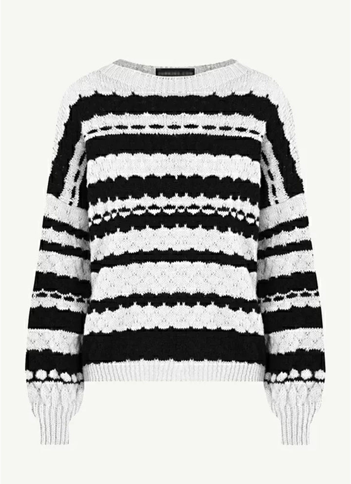 Damen gemütlicher Strickpullover mit modernem Zopfmuster und grafischen Akzenten Drune