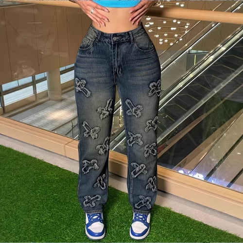 Damen Hochtaillierte Relaxed-Jeans mit Allover‑Schleifen‑Applikationen Drune