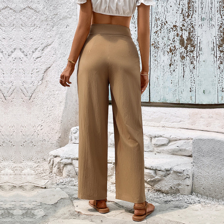Damen High‑Waist Palazzo‑Hose mit V‑förmiger Bundkante und weitem Bein Drune