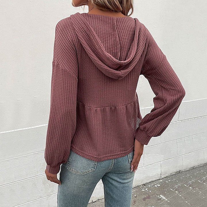 Damen Waffelstrick-Hoodie-Bluse mit V-Ausschnitt, Knopfleiste und geraffter Taillenpasse Drune