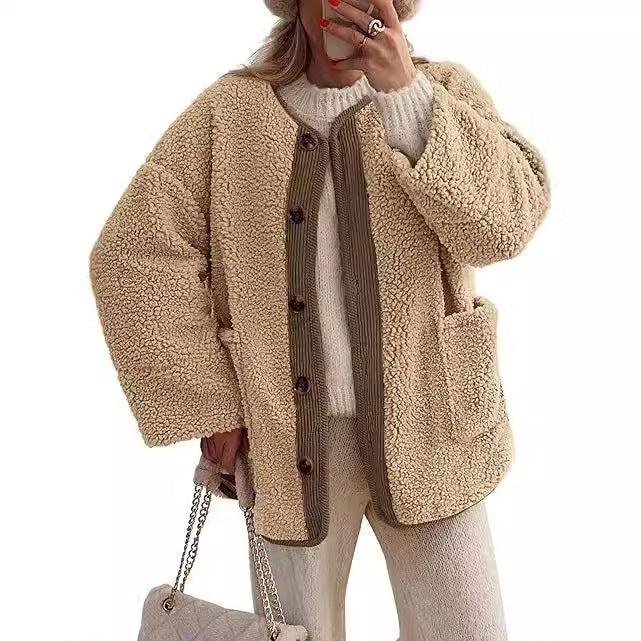 Damen kuschelige Teddyjacke mit farblich abgestimmtem Kragen Drune