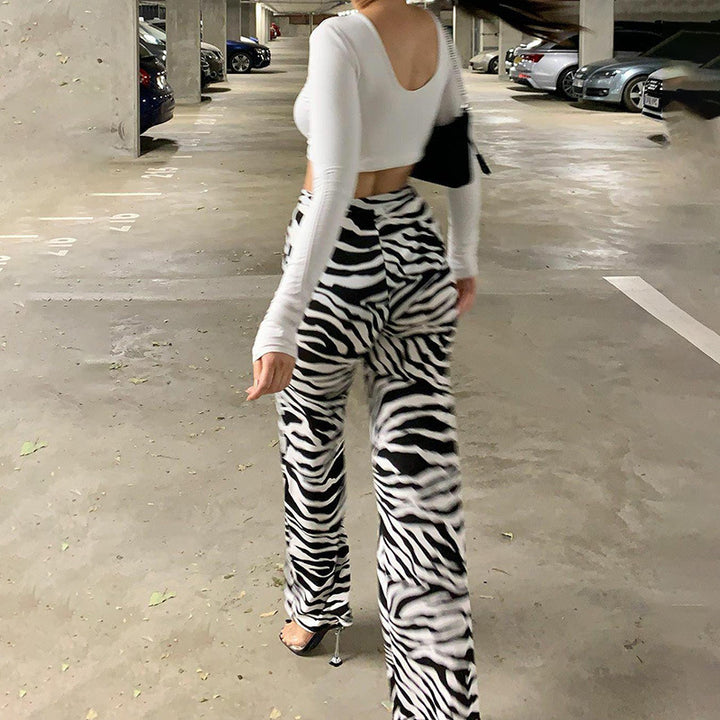 Damen Elegante Zebra-Print High-Waist Hose Drune
