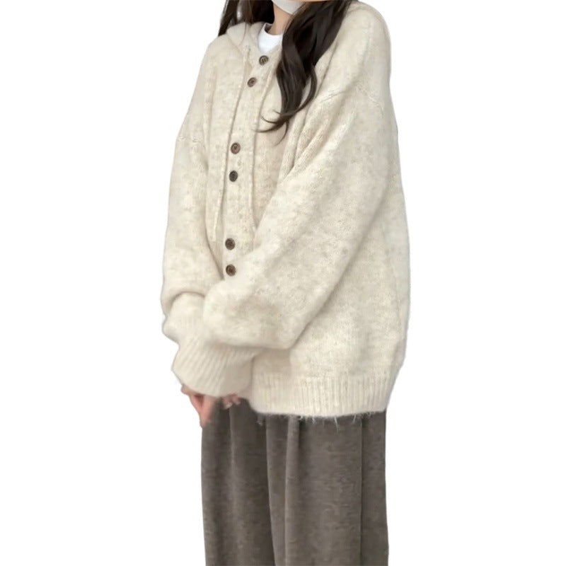 Damen Weiche Kapuzenstrickjacke mit Knopfdetails Drune
