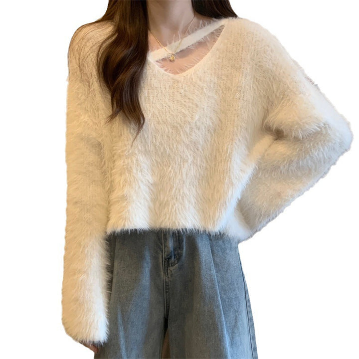 Damen Flauschiger Pulli mit lässigem Schnitt und tiefem V-Ausschnitt Drune