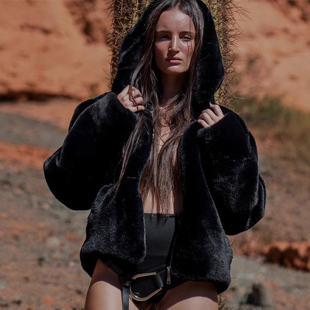 Damen Kurze Teddy-Fauxfur-Bomberjacke mit Kapuze, breitem Rippsaum und Zweiwege-Reißverschluss Drune