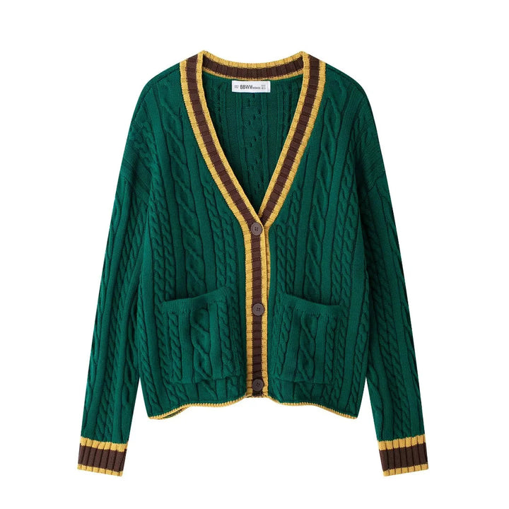 Damen nan Zopfmuster-Cardigan mit V-Ausschnitt, aufgesetzten Taschen und Kontrastkanten Drune