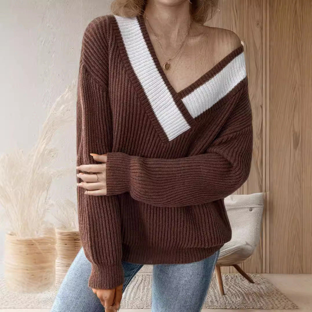 Damen lässiger Strickpullover mit V-förmigem Ausschnitt und dekorativem Rippenmuster Drune