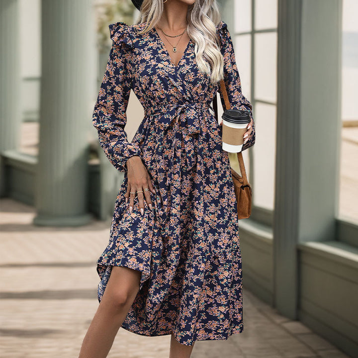 Damen Wickel-Midikleid mit V‑Ausschnitt, Volant-Schultern & Taillenband Drune