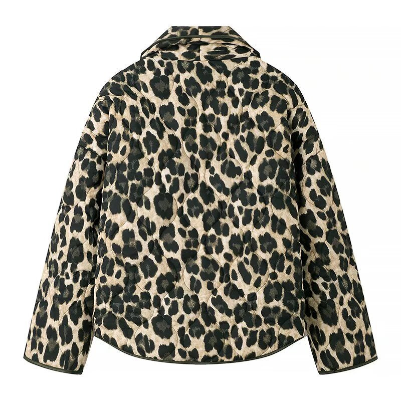 Damen nan cropped Steppjacke mit Leopardenprint, breitem Schalkragen und kontrastpaspel Drune