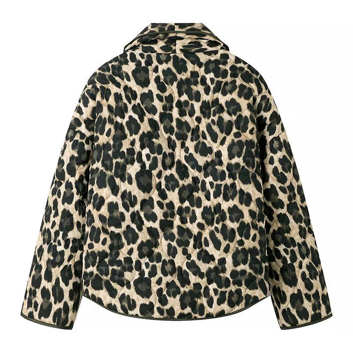 Damen nan cropped Steppjacke mit Leopardenprint, breitem Schalkragen und kontrastpaspel Drune
