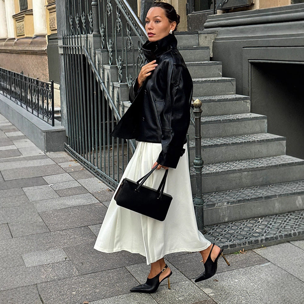 Damen Übergröße Kunstlederjacke mit asymmetrischem Revers Drune