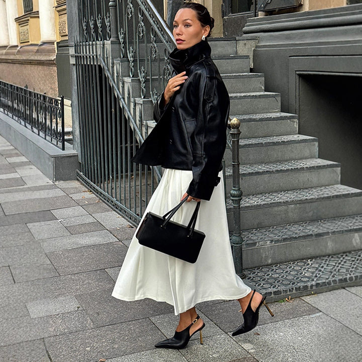 Damen Übergröße Kunstlederjacke mit asymmetrischem Revers Drune