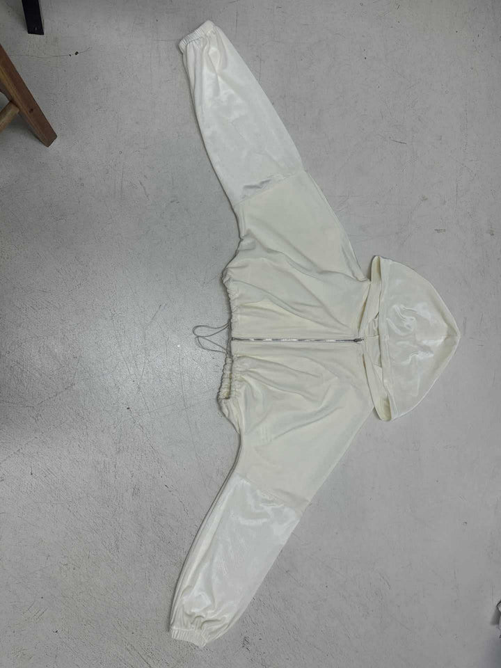 Damen nan kurze Kapuzenjacke mit Taillen-Tunnelzug, glänzender Satinoptik, Frontreißverschluss und elastischen Bündchen Drune
