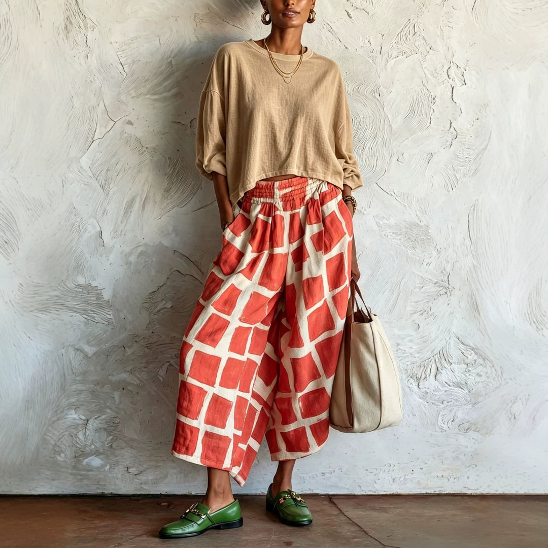 Damen Weite Culotte-Hose aus Leinenmix mit elastischem Bund und grafischem Print Drune
