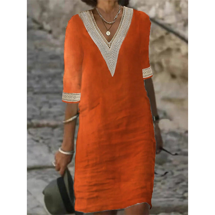 Damen Leichtes Leinen-Midikleid mit V-Ausschnitt und Häkelspitzenbesatz Drune