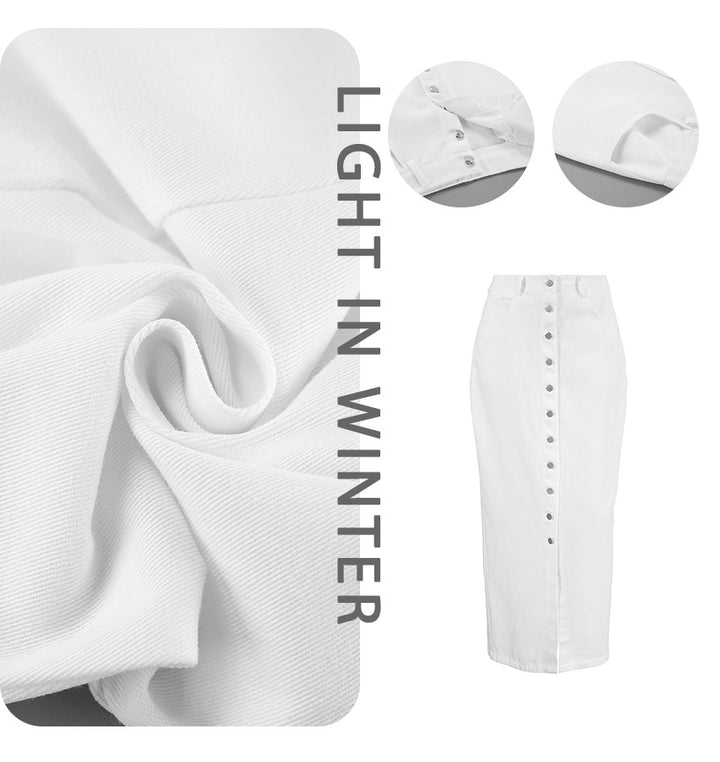 Damen langer Denimrock mit Knopfdetails und eleganter Teilung Drune