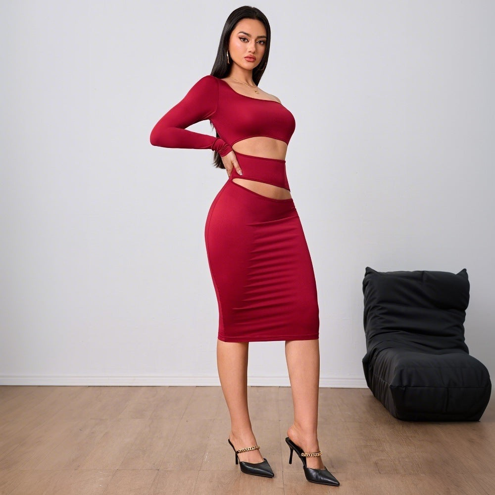 Damen figurbetontes Cut-Out-Midi-Kleid mit asymmetrischem Design und langen Ärmeln Drune