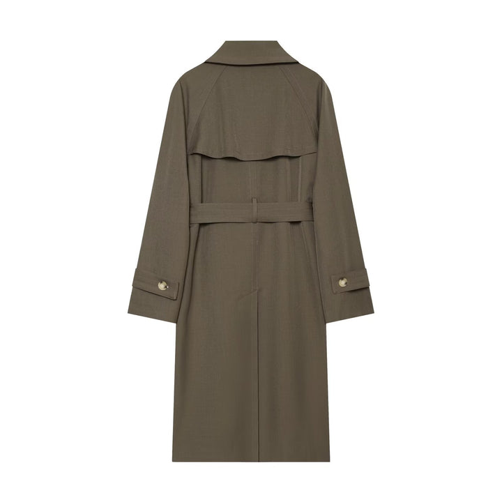 Damen Longline Doppelreihiger Trenchcoat mit Taillengürtel, Ziernähten und Umlegekragen Drune