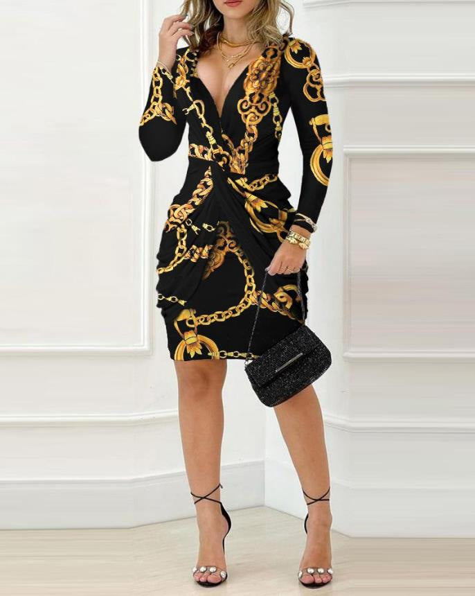 Damen Wickelkleid mit elegantem Kettenprint und figurformendem Schnitt Drune