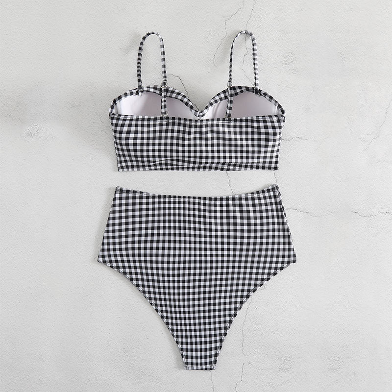 Damen Hochgeschnittener Karo-Bikini mit gepolstertem Oberteil Drune