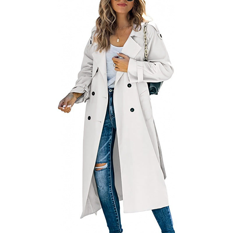 Damen eleganter Trenchcoat mit doppelt Reihe Knopfverschluss und Taillengürtel Drune