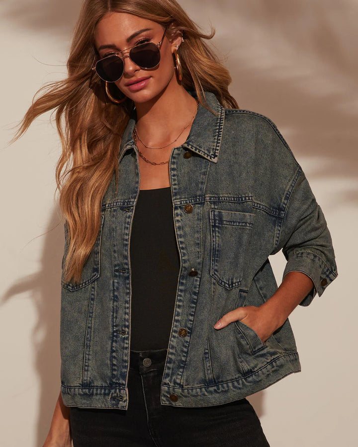 Damen Oversized Denim-Jacke im lässigen Schnitt mit praktischen Taschen Drune