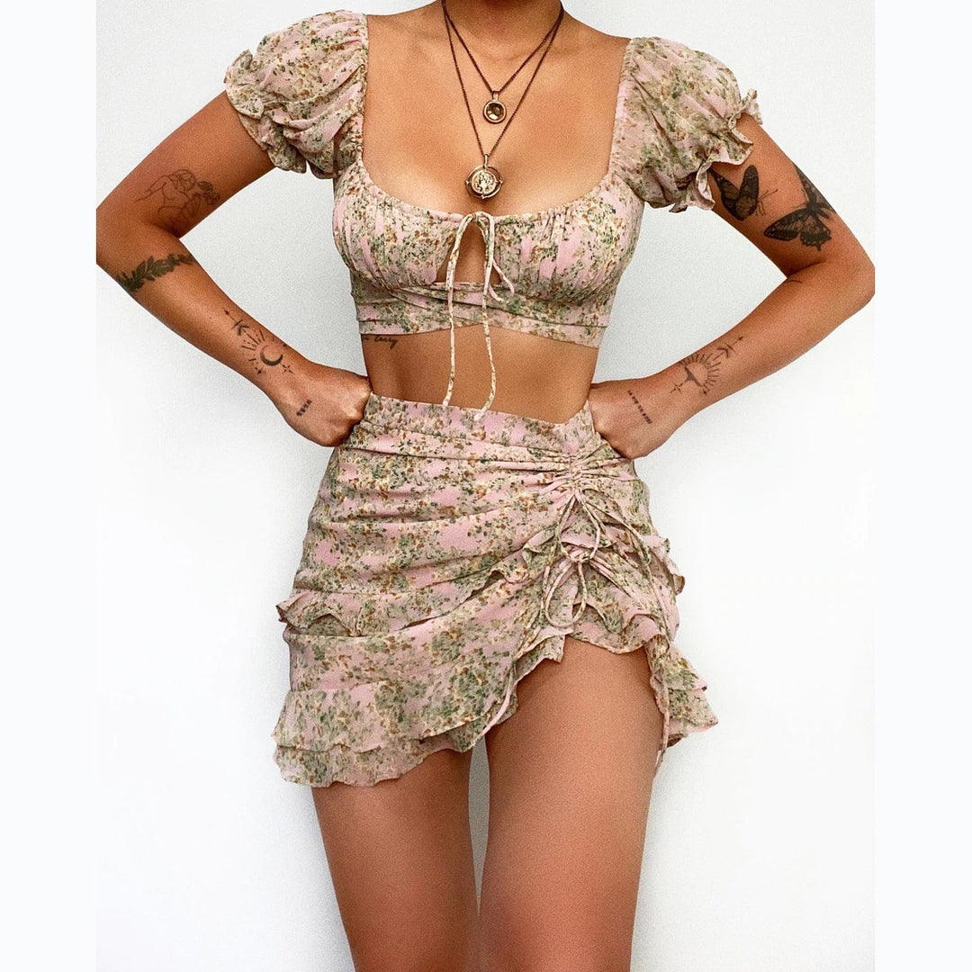 Damen Crop Top und Mini Rock mit floralem Design Drune