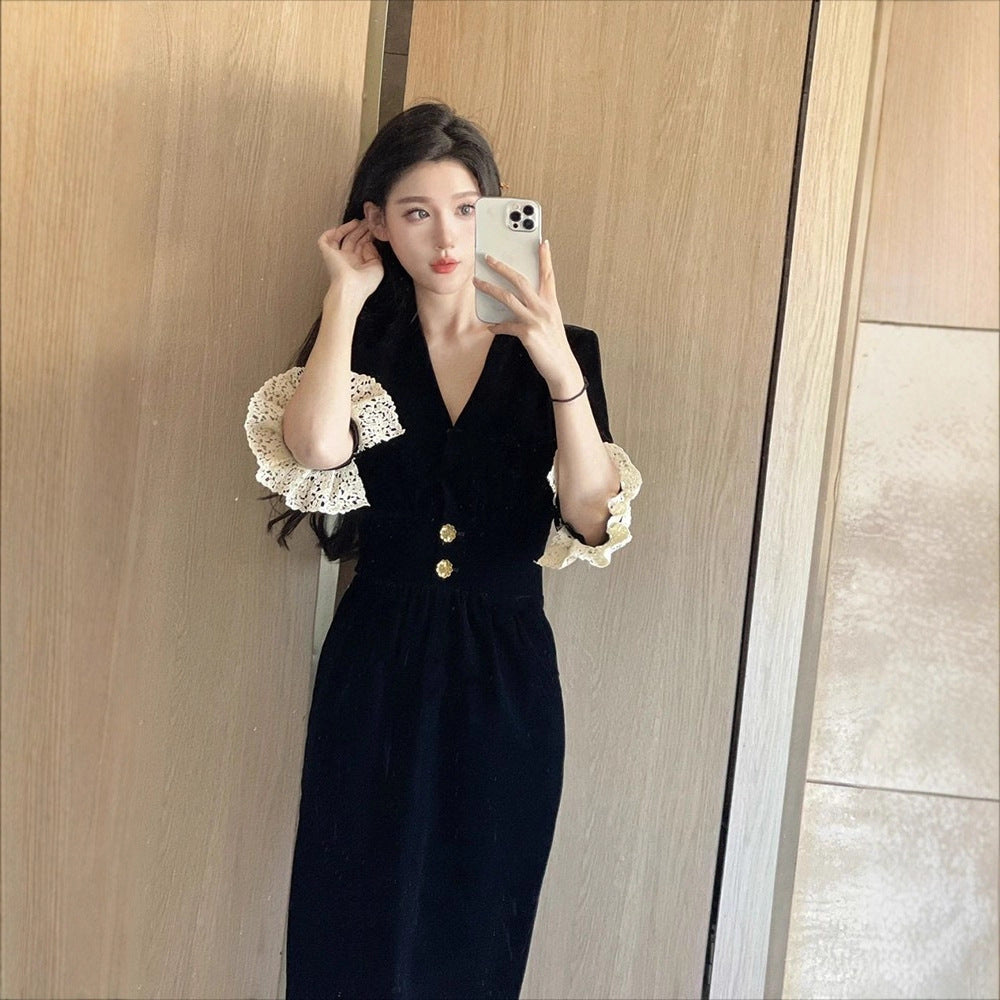 Damen elegantes Kleid mit Spitzenärmeln und dekorativen Knöpfen Drune