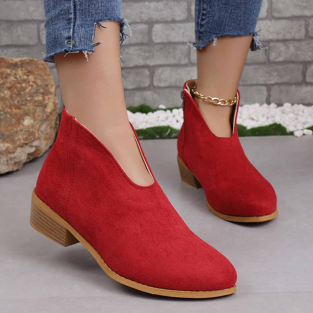 Damen nan V‑Ausschnitt Ankleboots aus Veloursoptik mit seitlichem Reißverschluss und niedriger Holzblocksohle Drune
