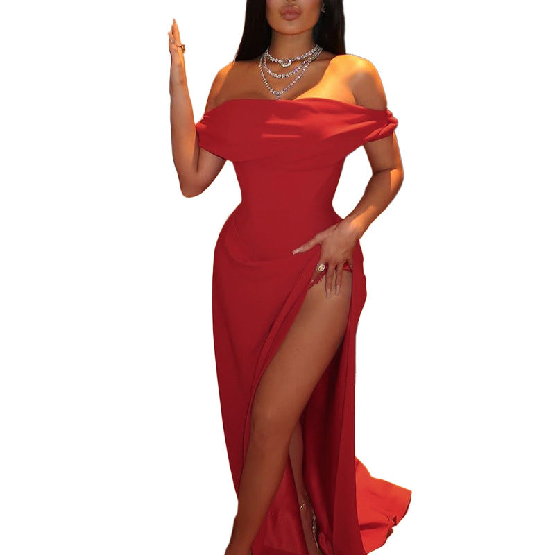 Damen Elegantes Off-Shoulder-Maxi-Kleid mit verführerischem Schlitz Drune