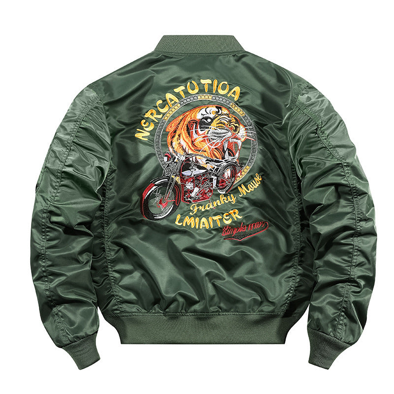 Herren bestickte Nylon-Flightjacke mit großflächigem Tiger- und Motorradmotiv Drune