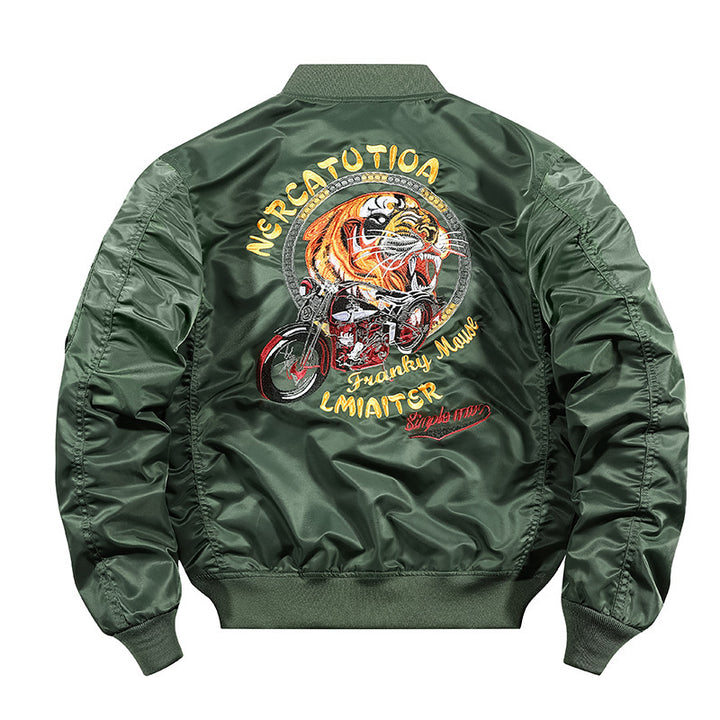 Herren bestickte Nylon-Flightjacke mit großflächigem Tiger- und Motorradmotiv Drune