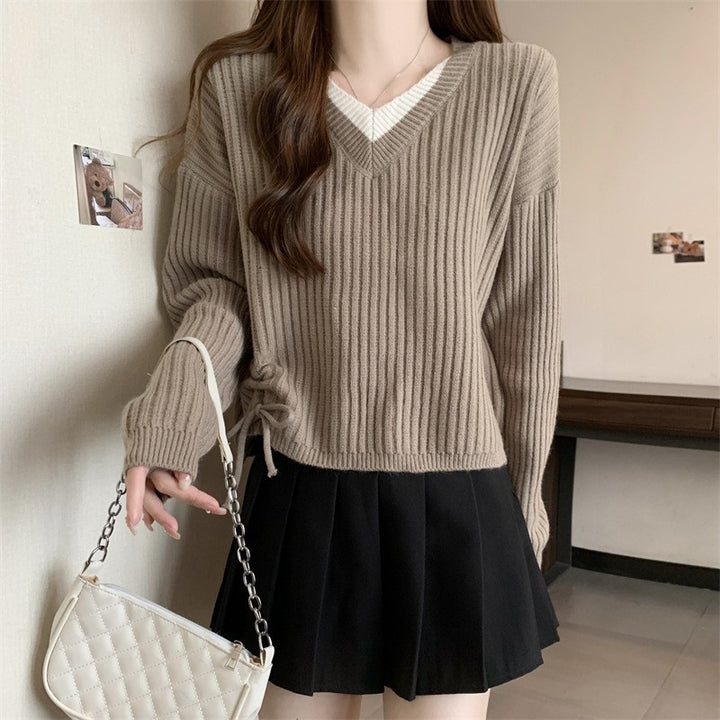 Damen gemütlicher V-Ausschnitt Strickpullover mit feiner Rippstruktur und lässigem Schnitt Drune